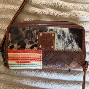 STS Ranchwear Serape Cowhide Patchwork Wristlet Wallet Brown Multi Western